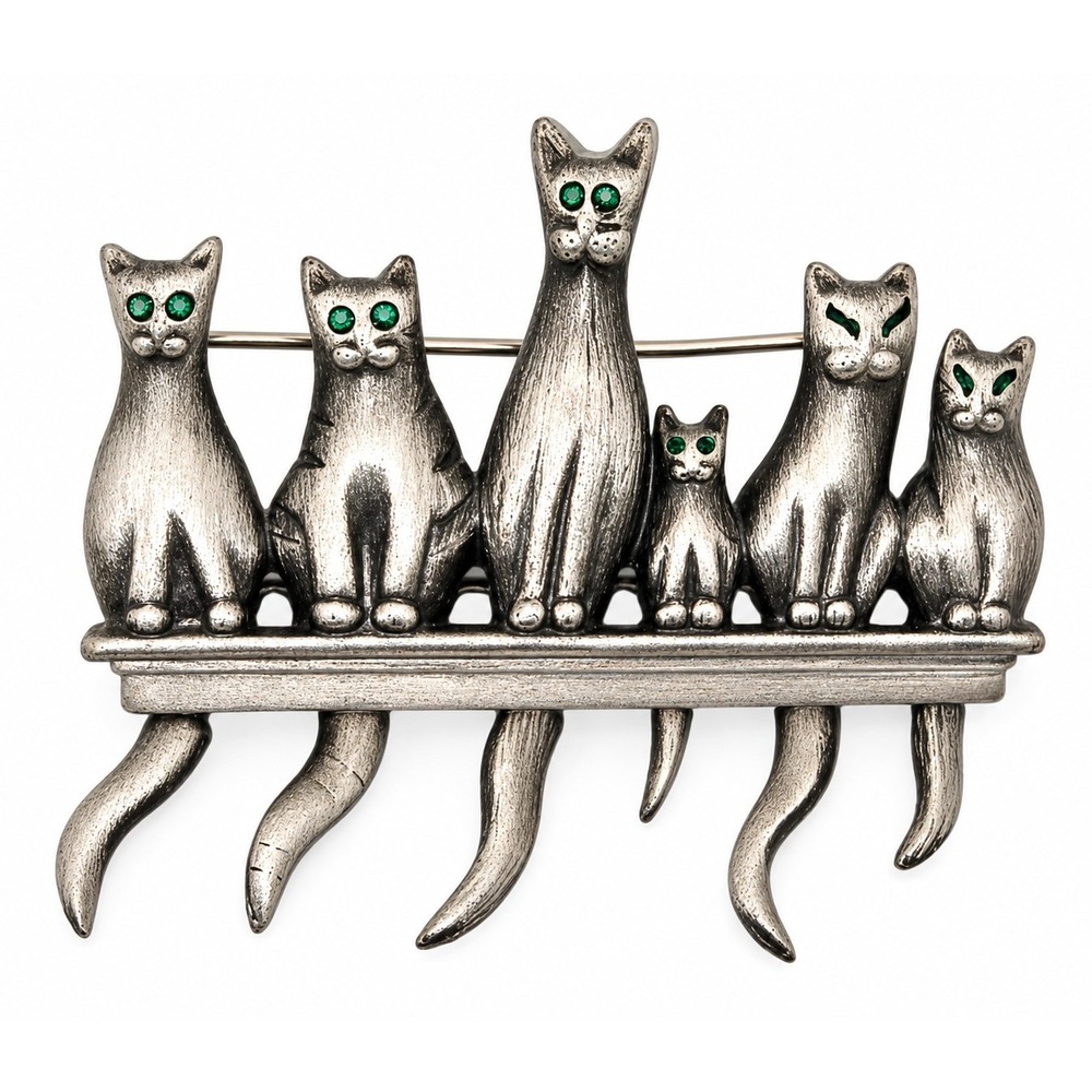 Vintage AJC 6 Cats Brooch Pewter Green Eyes Articulated Moving Tails Pin -3747
